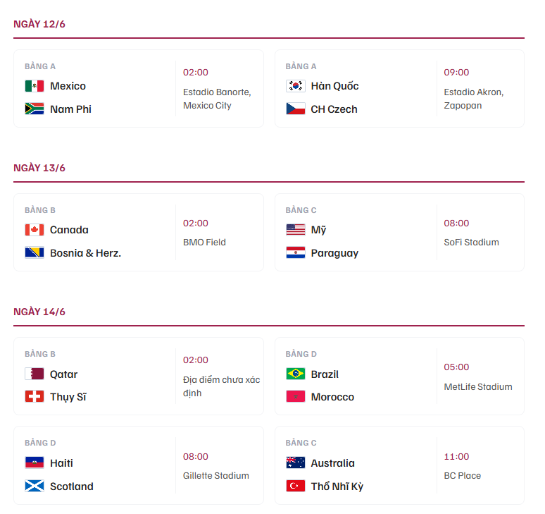 Lịch World Cup 2026